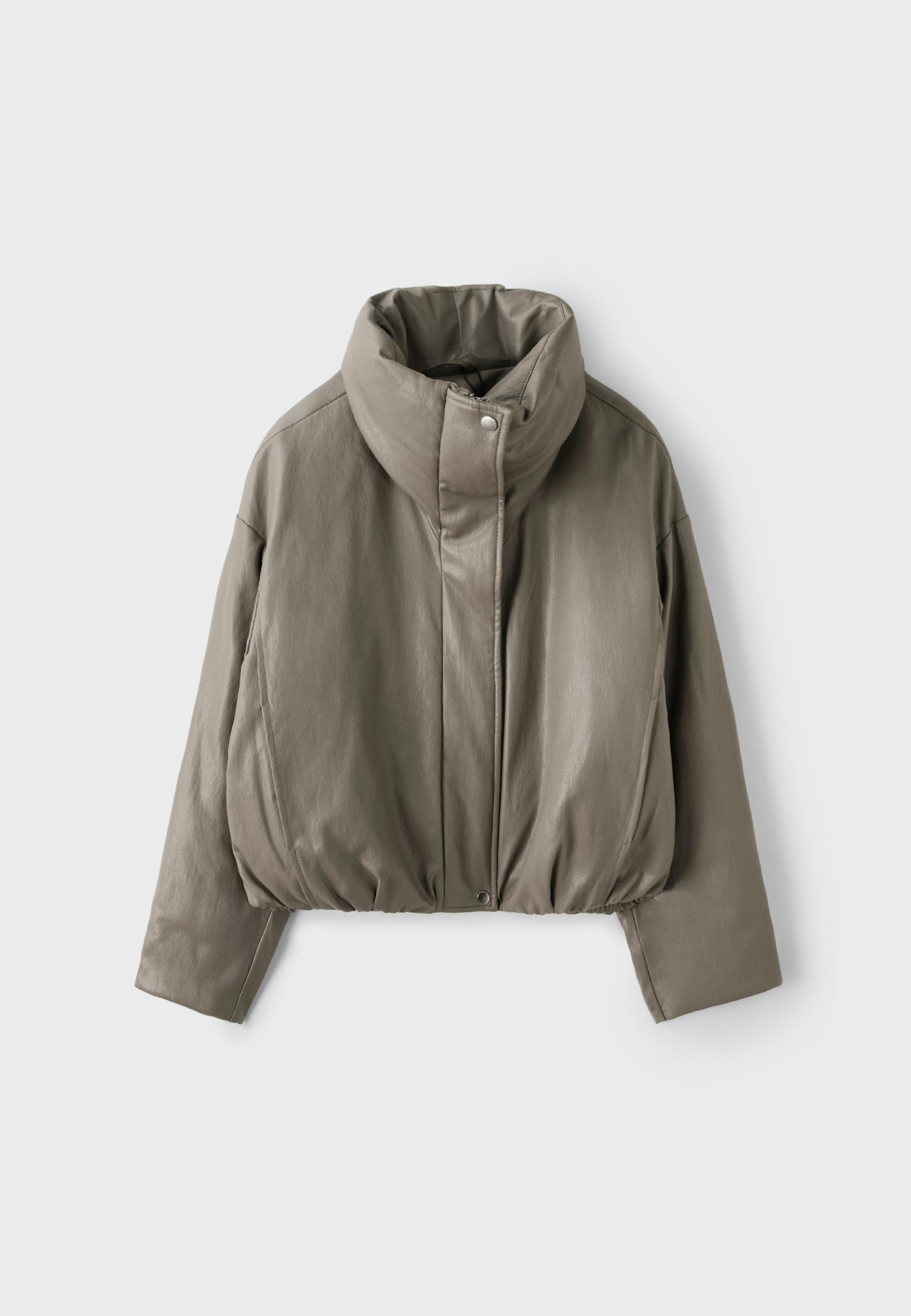 Leather effect high neck puffer jacket — Grey