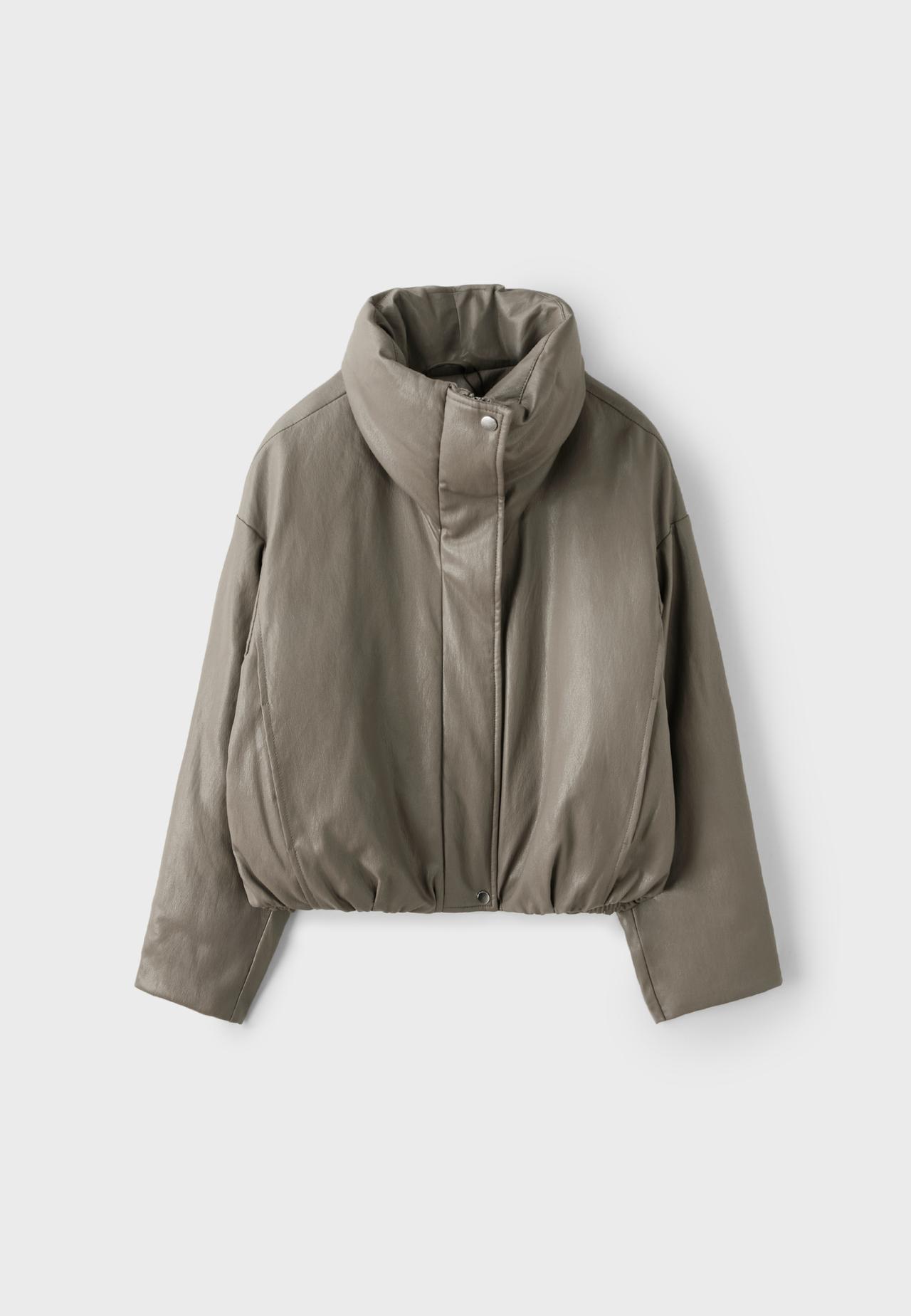 Leather effect high neck puffer jacket — Grey