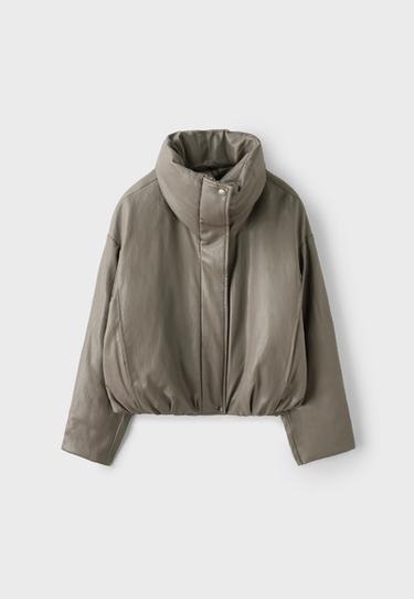 Leather effect high neck puffer jacket — Grey 7