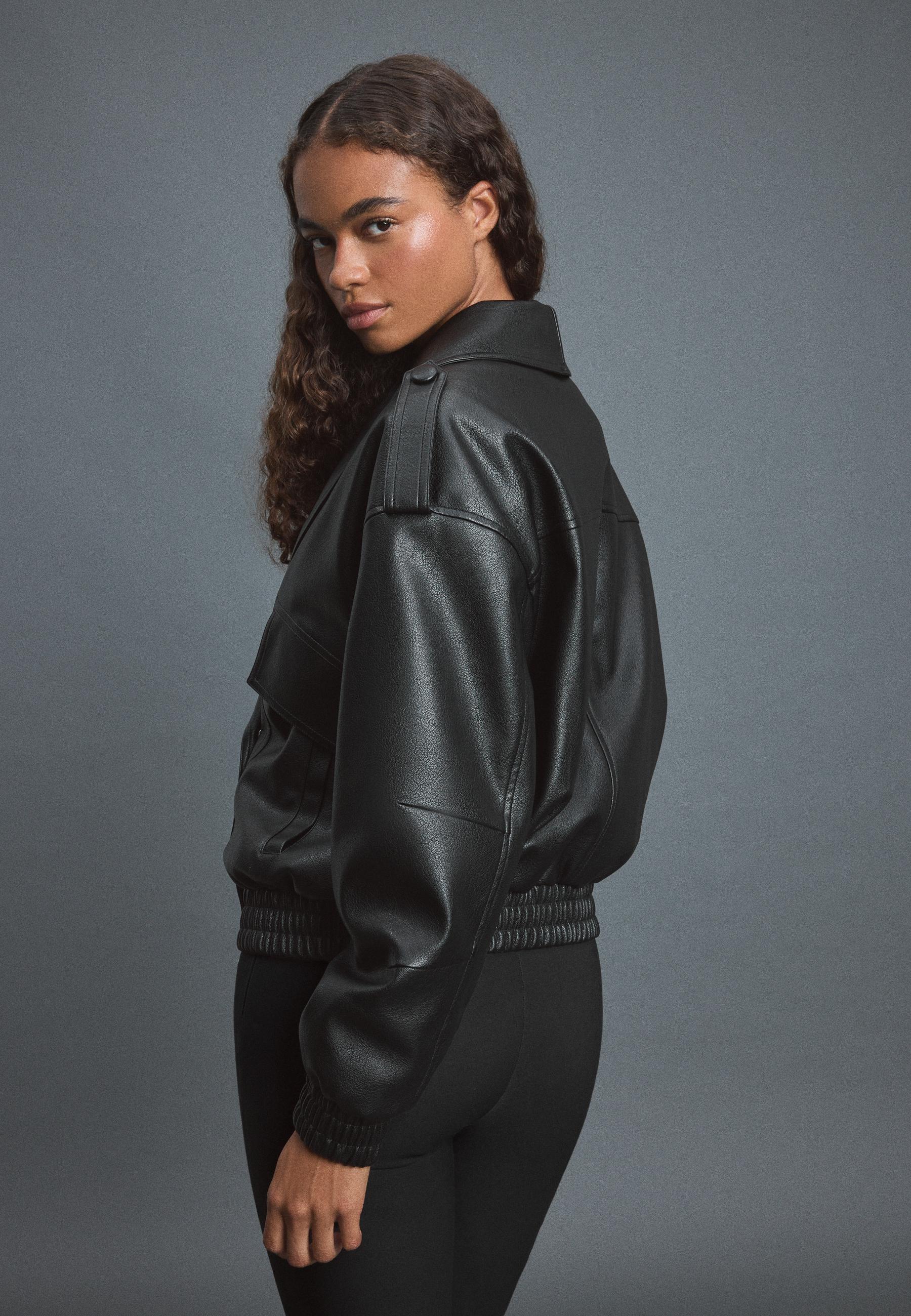 Quilted leather effect boxy jacket — Black