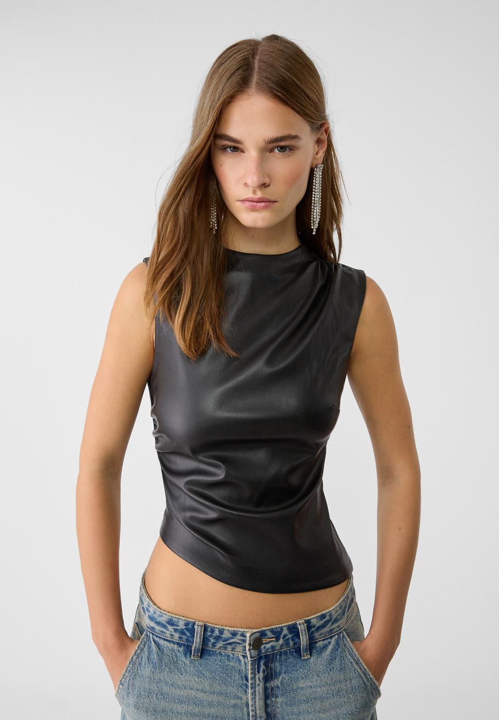 Asymmetric leather effect top