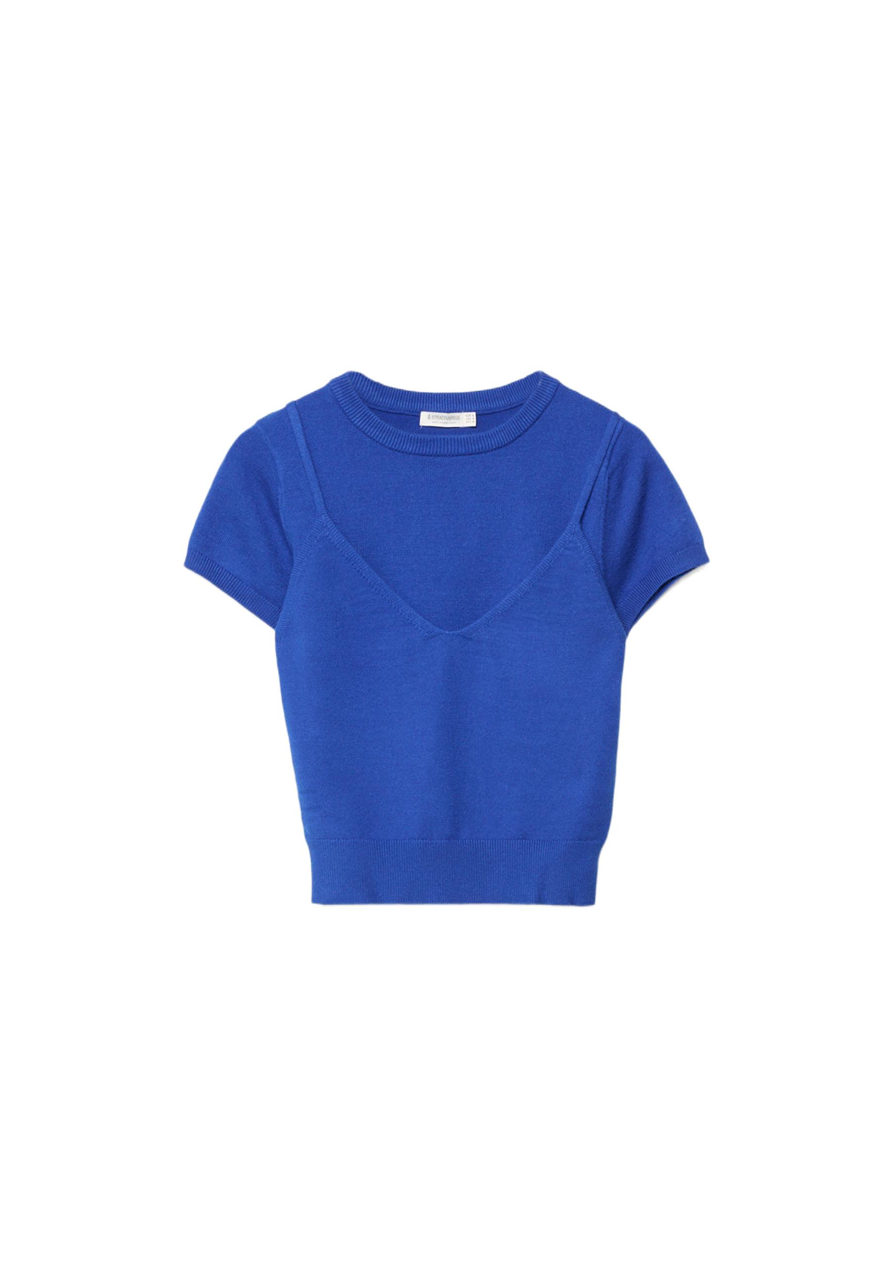 Short-sleeved knit jumper with overlay — Electric blue