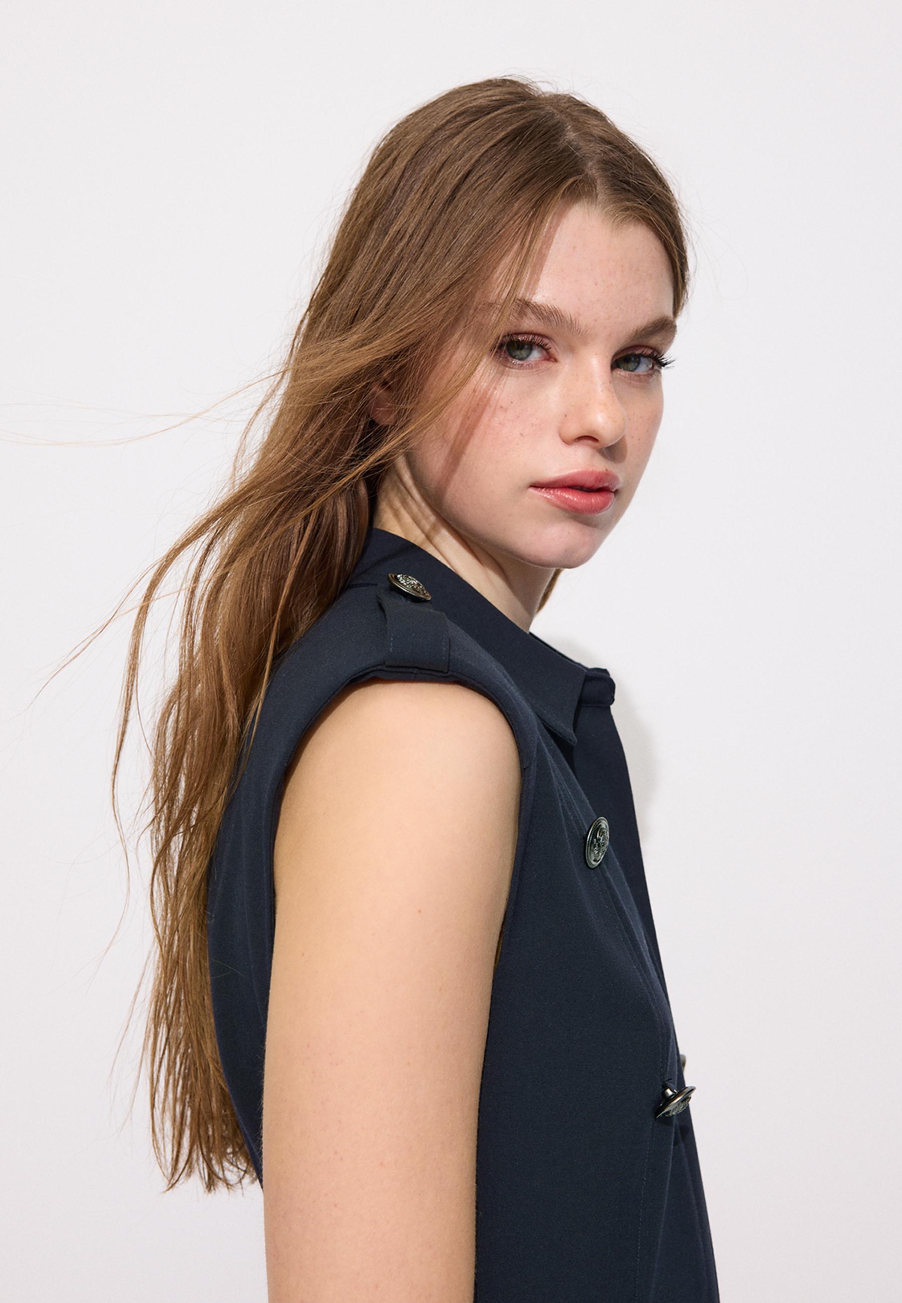 Short sleeveless buttoned dress — Dark blue