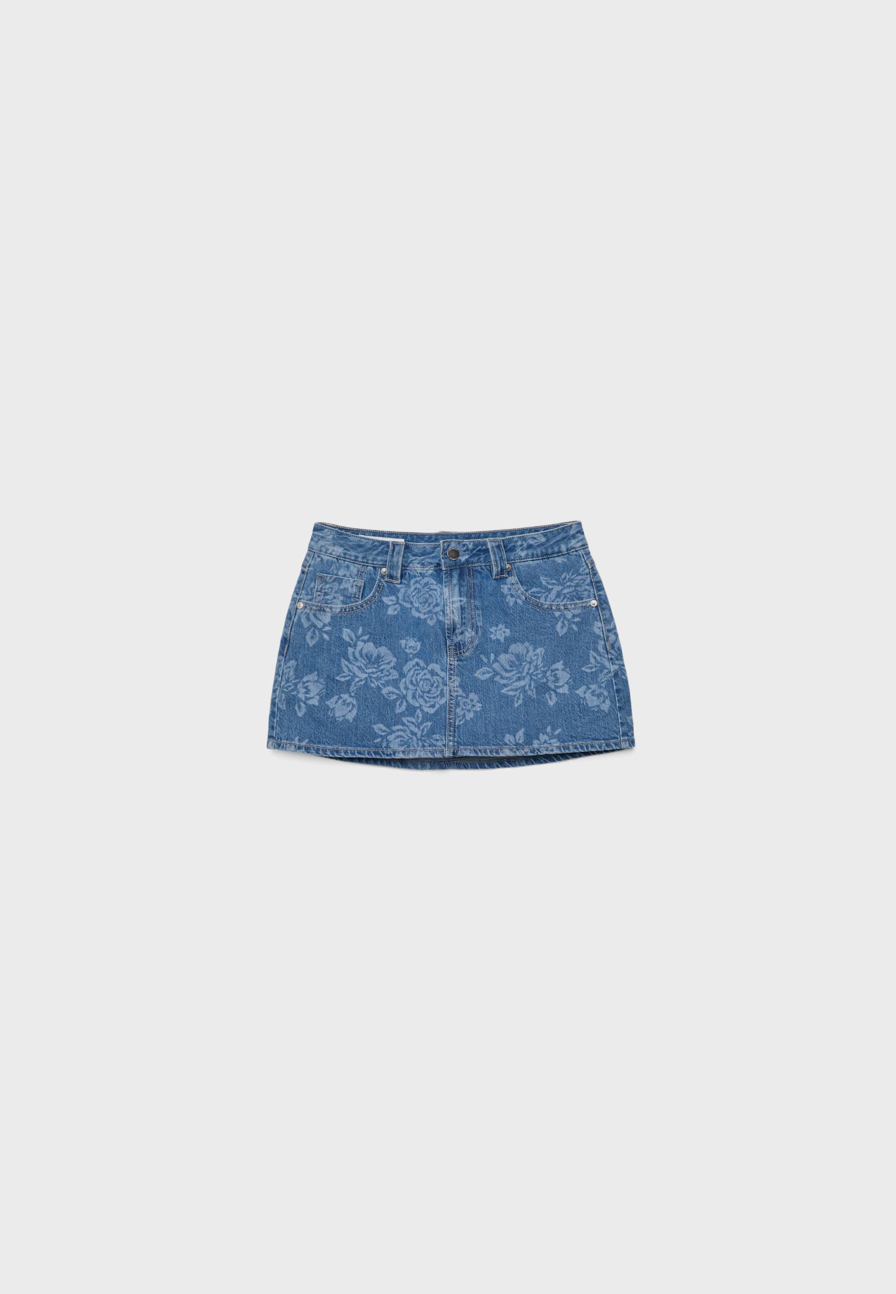 Floral laser print denim skort — MEDIUM BLUE DENIM