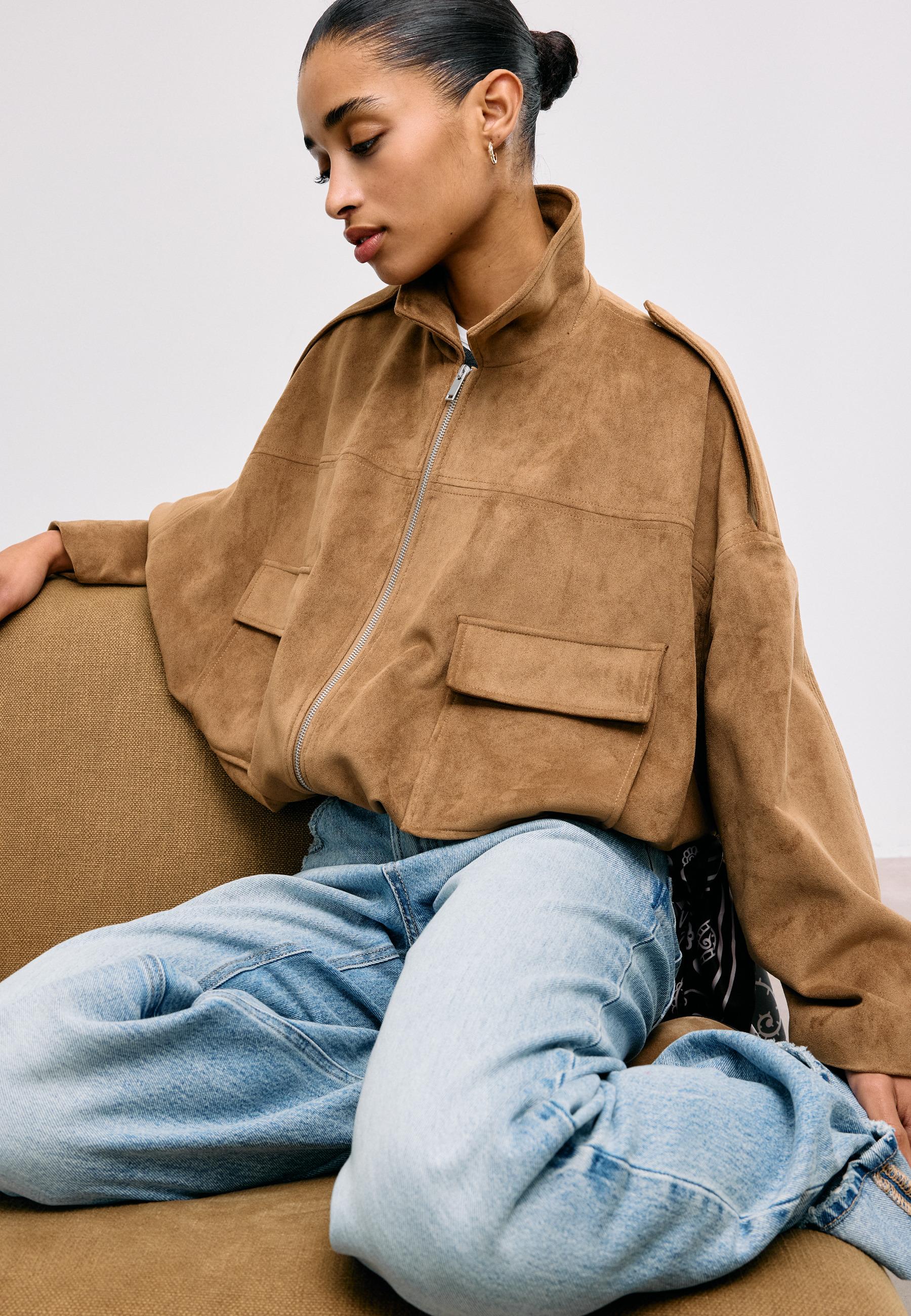 Faux suede bomber jacket — Stone