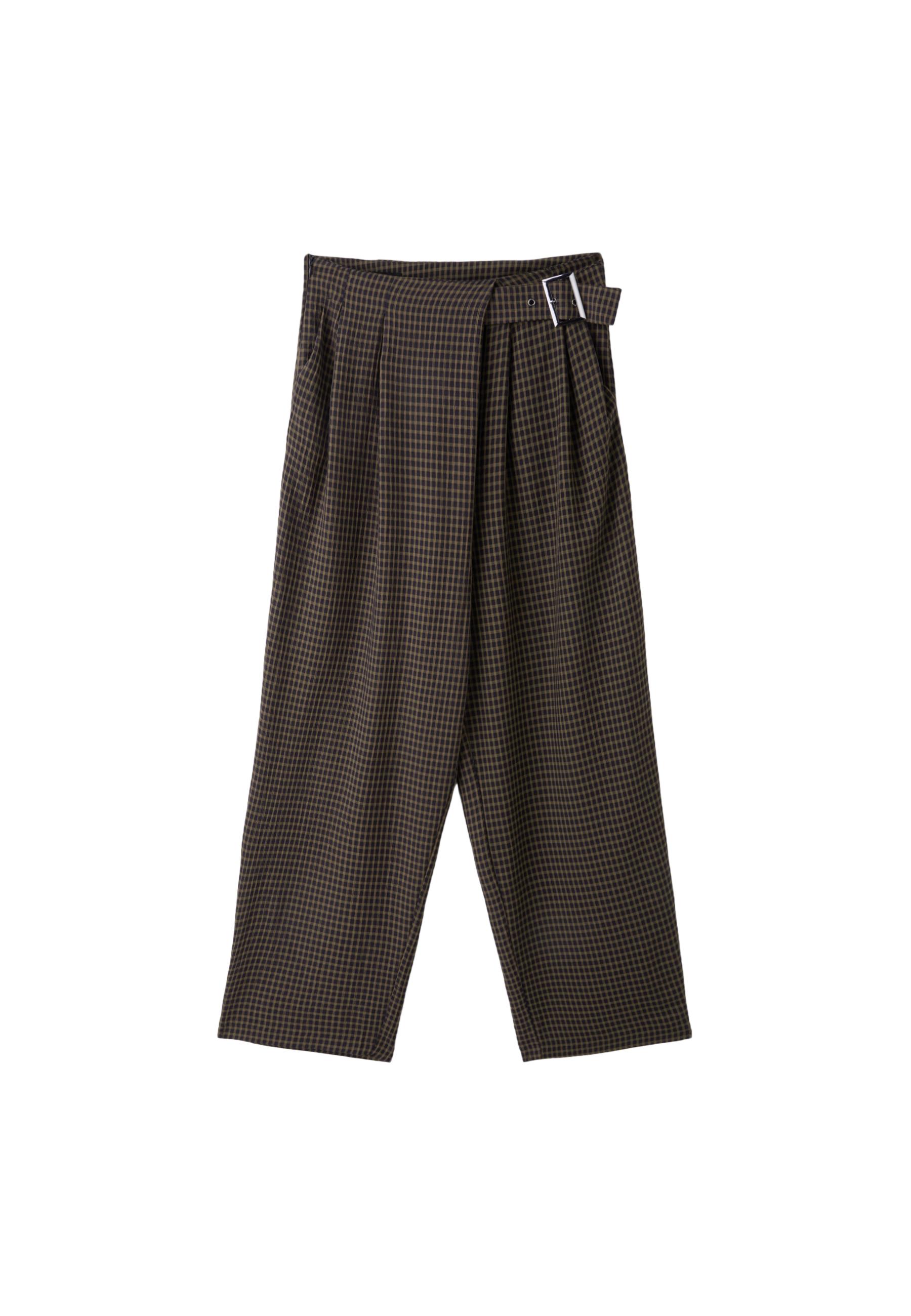 Flowing check trousers with buckle — Khaki