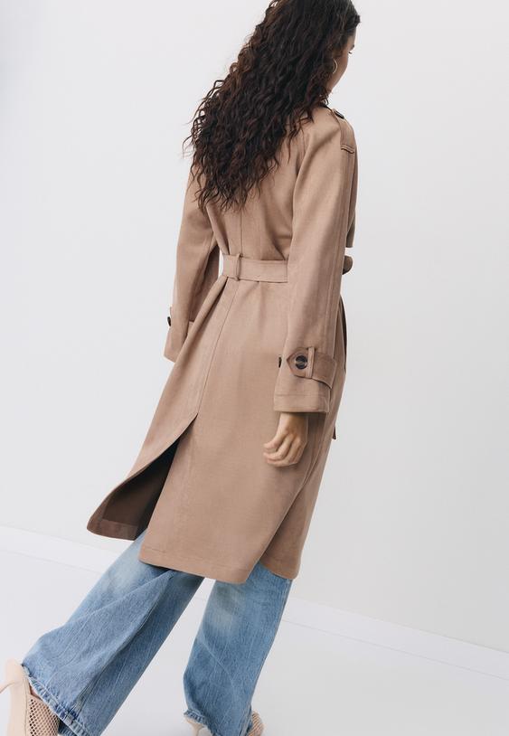 Stradivarius Long Faux Suede Trench Coat Caramel L