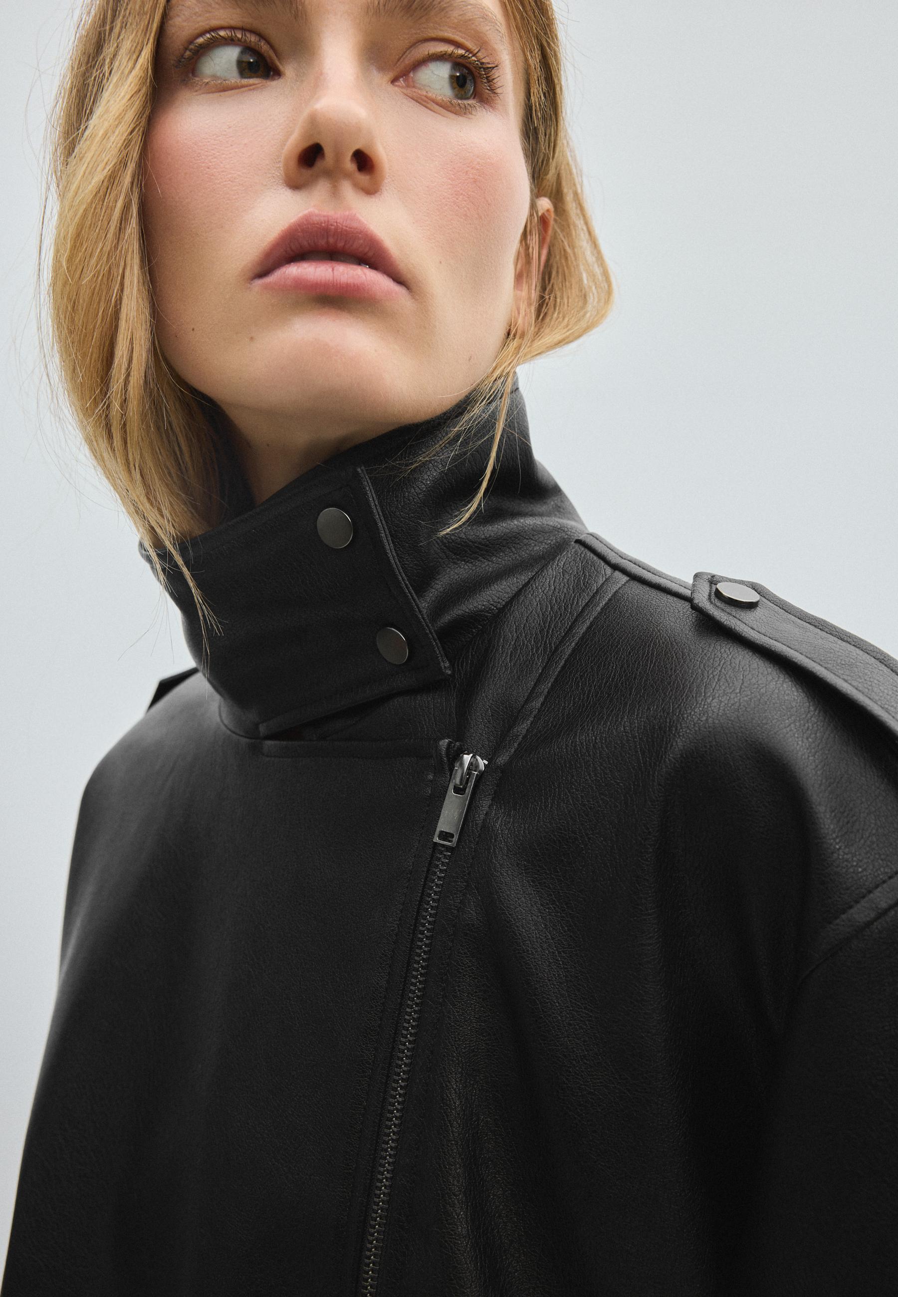 Leather effect balloon sleeve biker jacket — Black