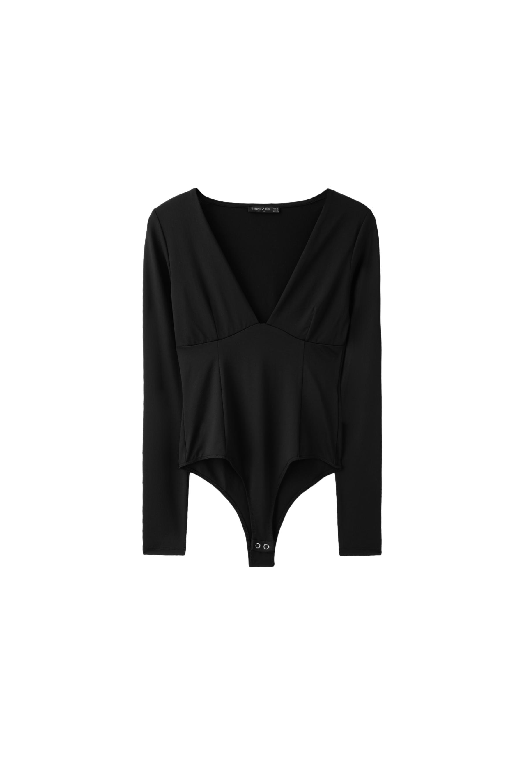 V-neck bodysuit with under-bust gathering — Black