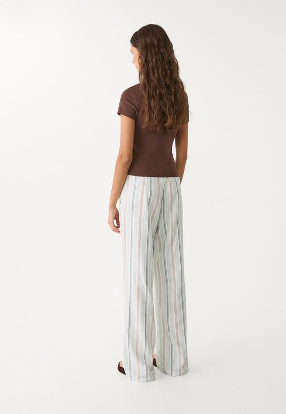 Straight fit dökümlü çizgili keten karışımlı pantolon_7