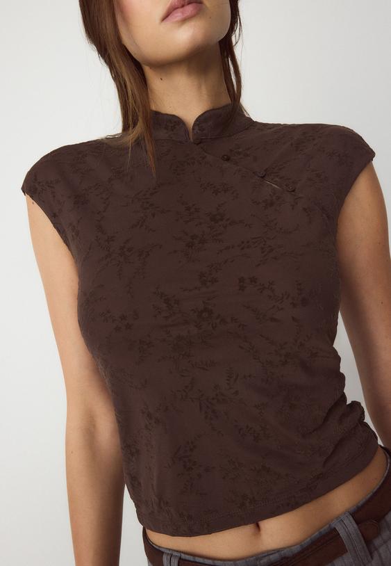 Stradivarius Flocked Qipao Style T-Shirt Brown Xl