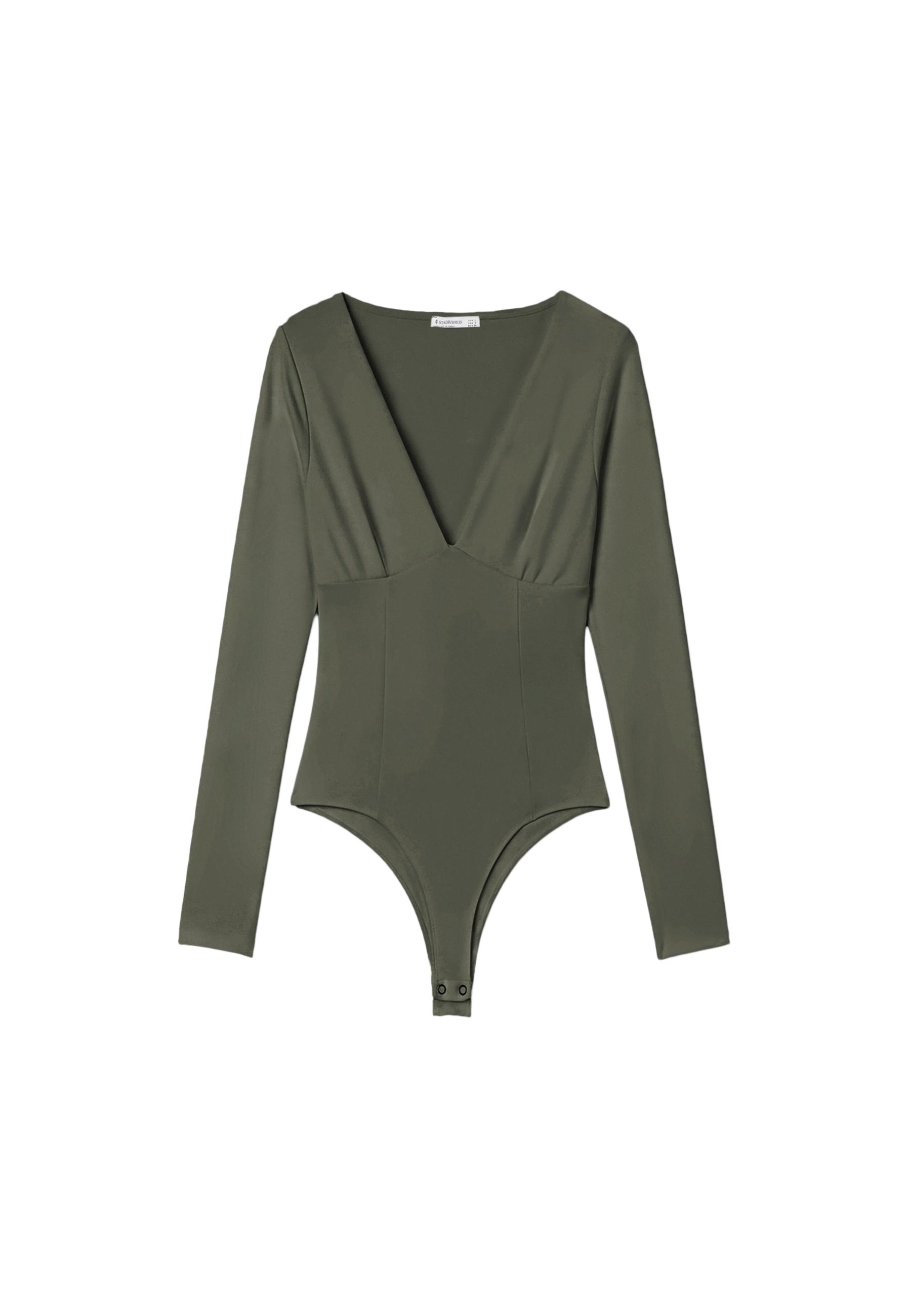 V-neck bodysuit with under-bust gathering — Khaki