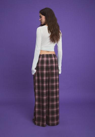 Wide-leg check trousers with adjustable buttons — Purple 5