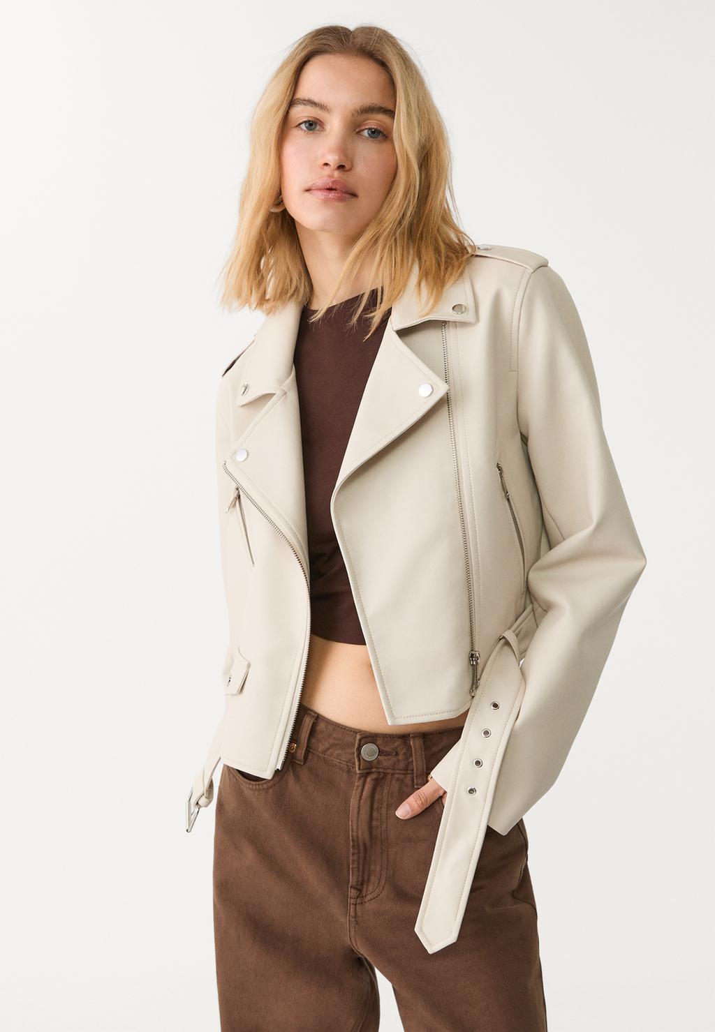 Faux leather biker jacket with belt