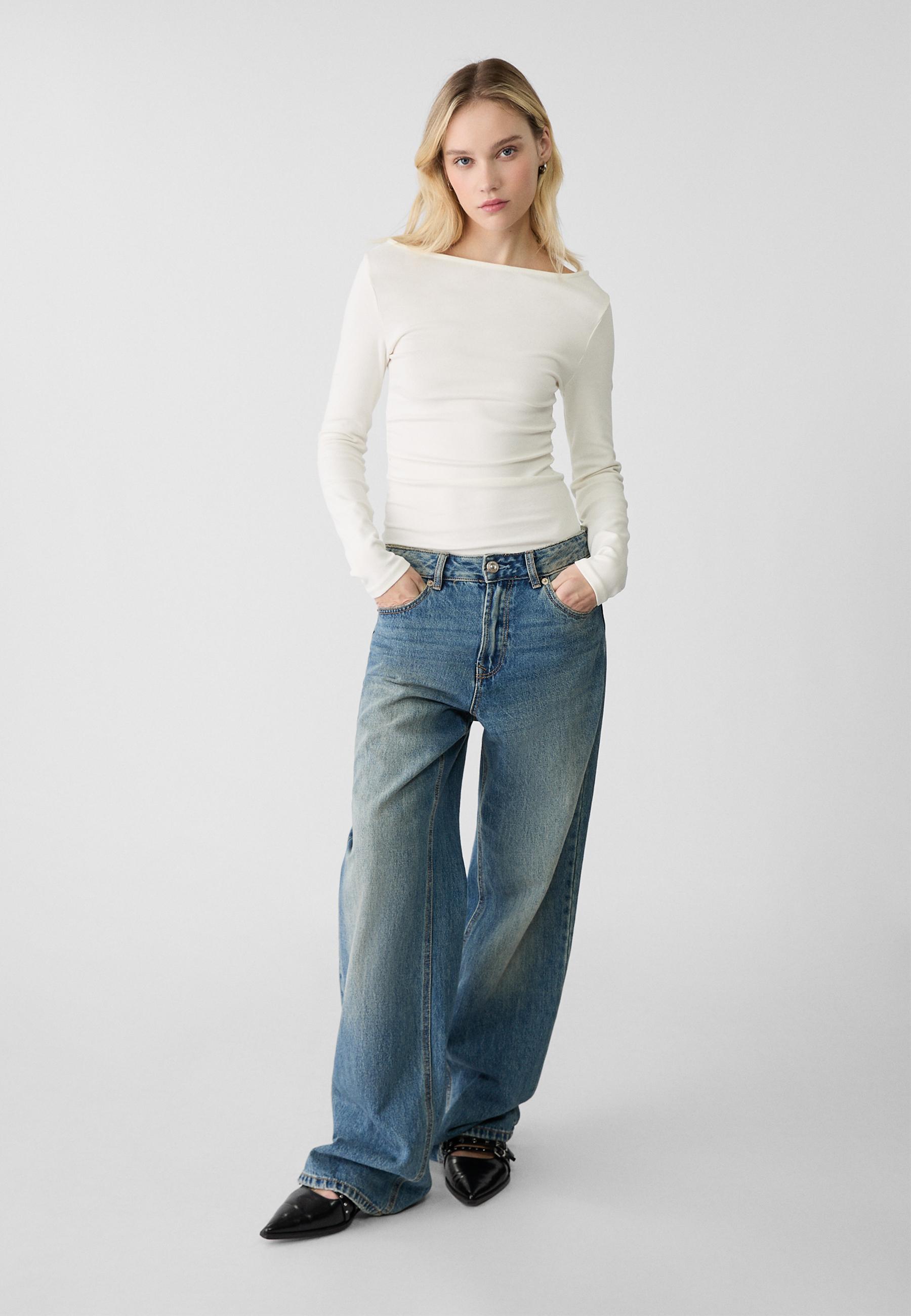Long sleeve T-shirt with gathering — Ecru