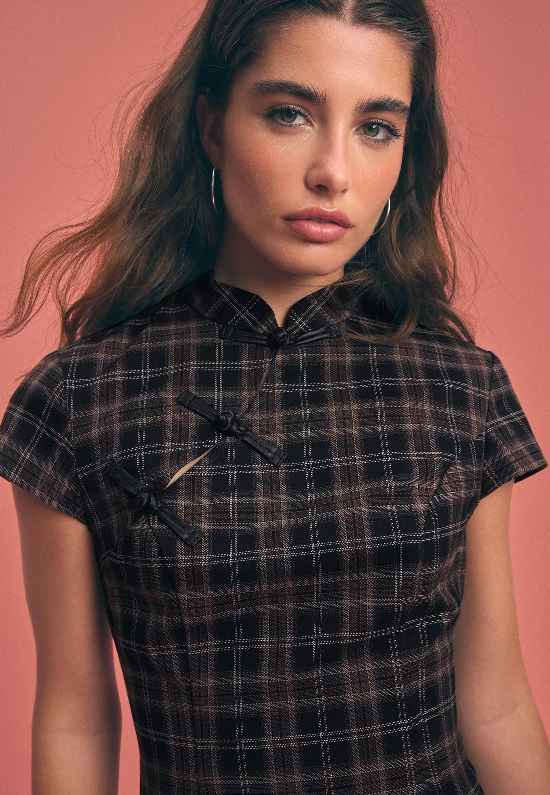 Check print stand collar short dress - Women's fashion