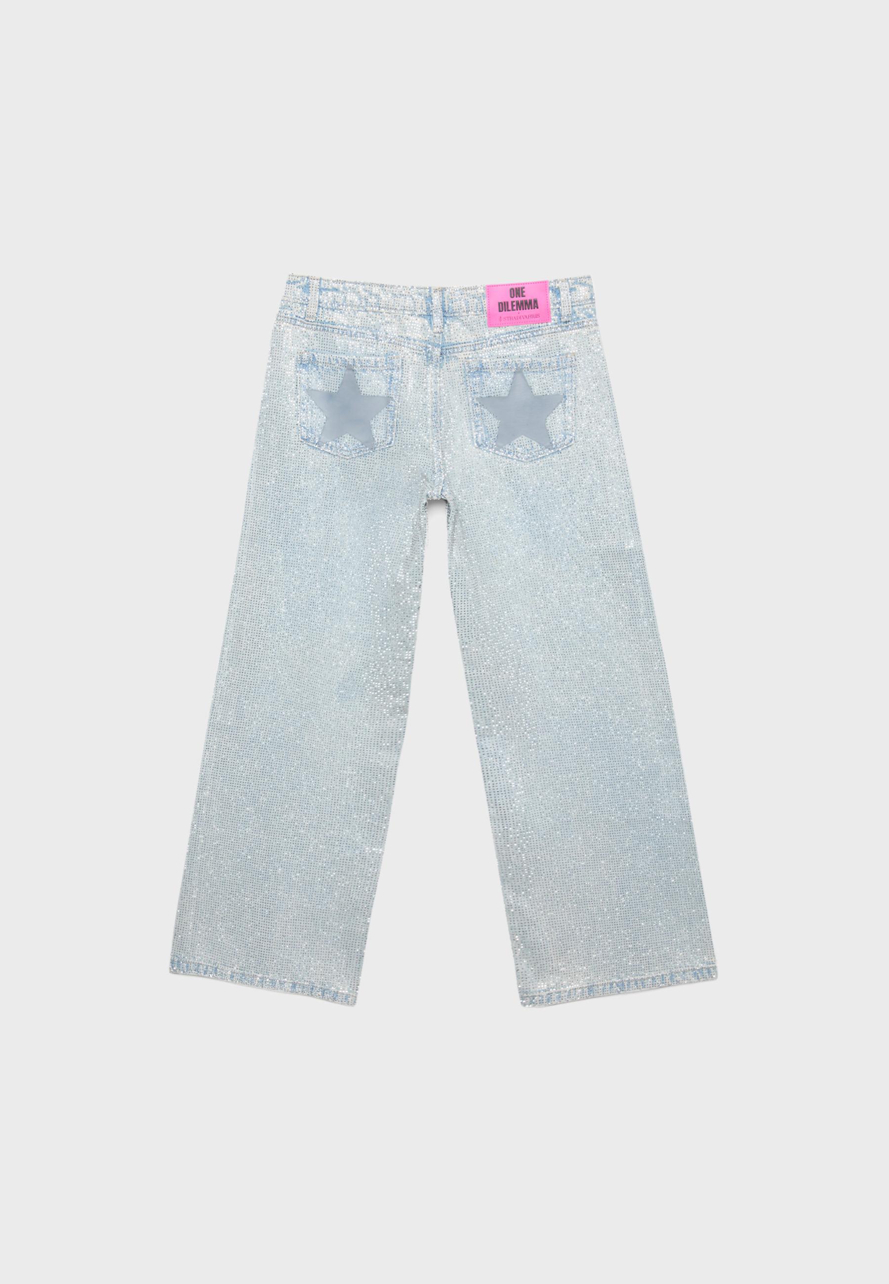 Low-rise straight-leg jeans with rhinestones One Dilemma — OVERDYED BLUE DENIM
