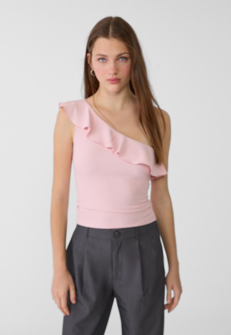 Asymmetrisches T-Shirt mit Volant Pastellrosa S