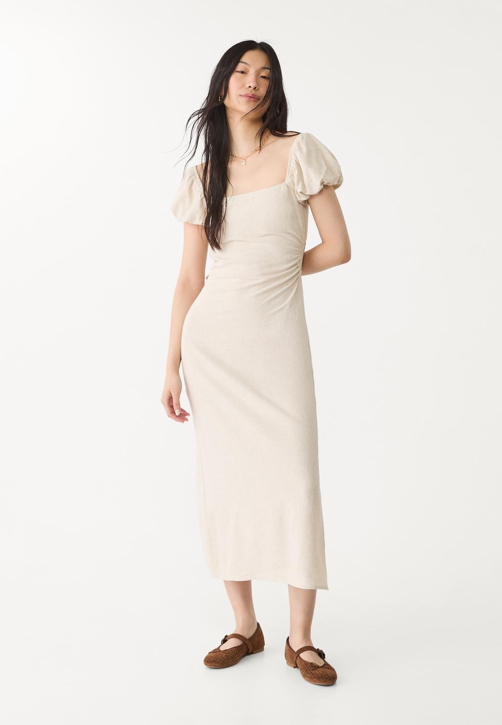 Linen blend puff sleeve midi dress