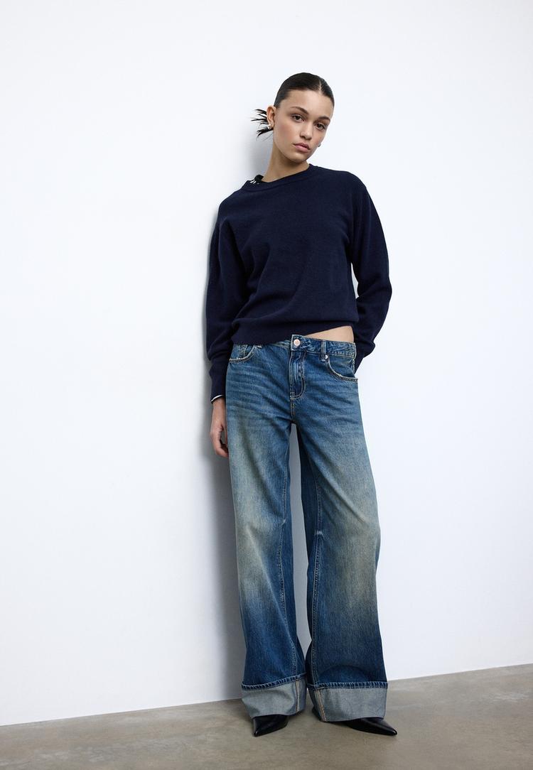 Stradivarius D91 Blugi Largi Cu Talie Joasă Efect Prespălat Denim Albastru Mediu 42