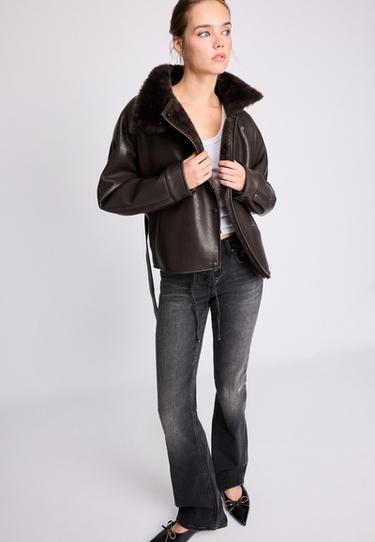 Leather effect double-faced high neck jacket — Brown 2