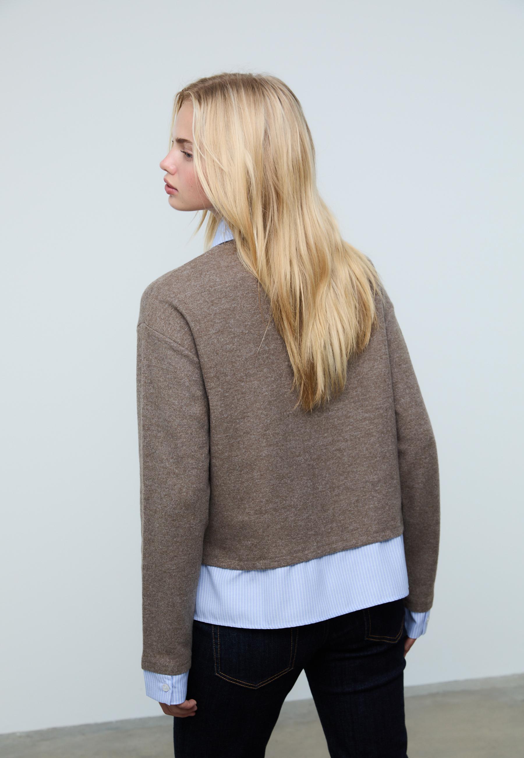 Bi-material knit T-shirt — Brown