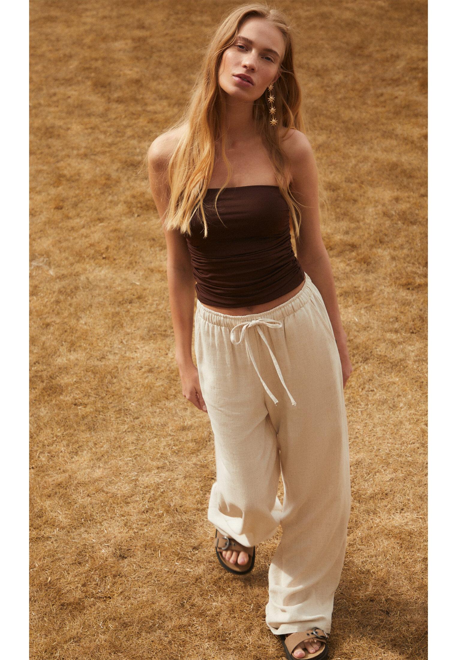 Straight-leg linen-look trousers — Stone