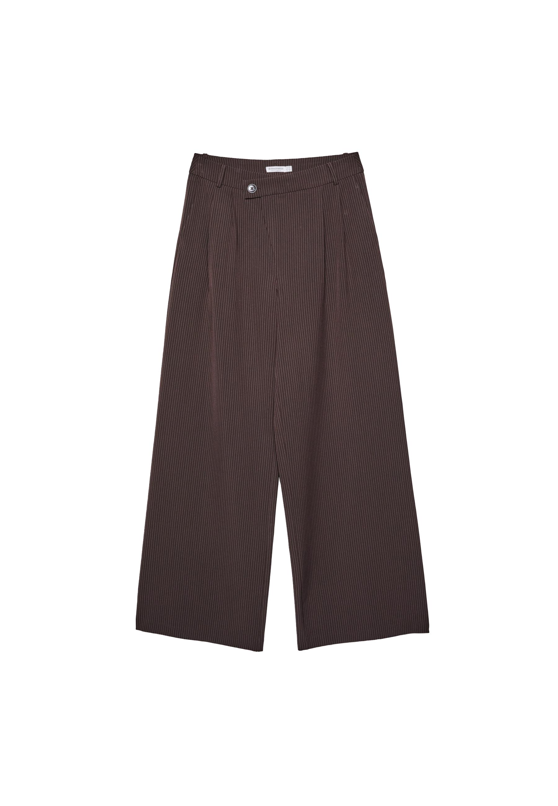 Casual striped smart trousers with crossover waist — Brown