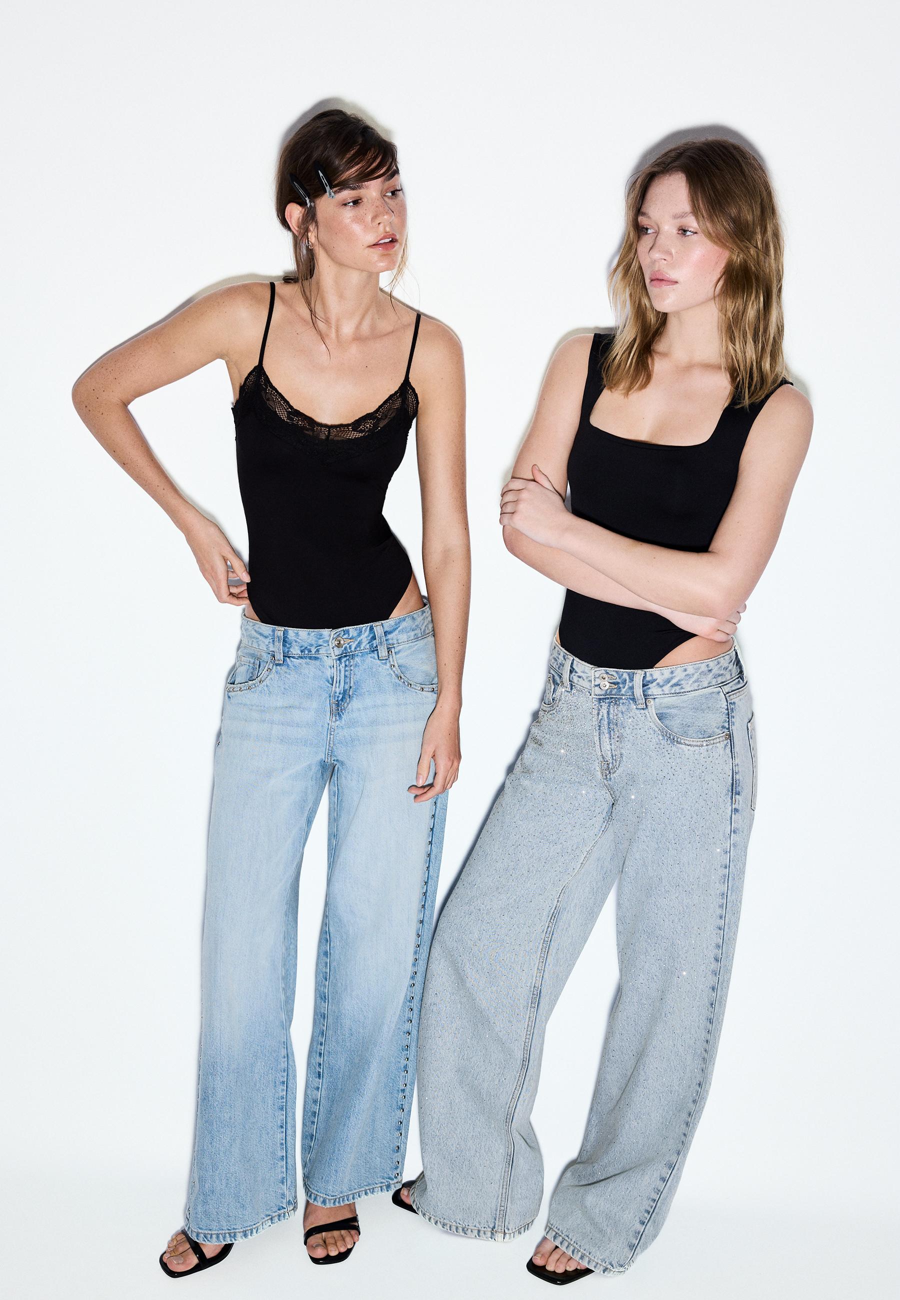 Wide-leg loose studded jeans — MEDIUM LIGHT BLUE DENIM