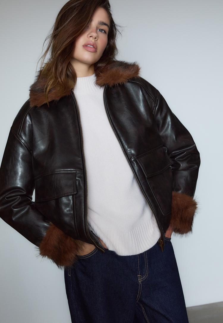leather effect padded jacket with faux fur details