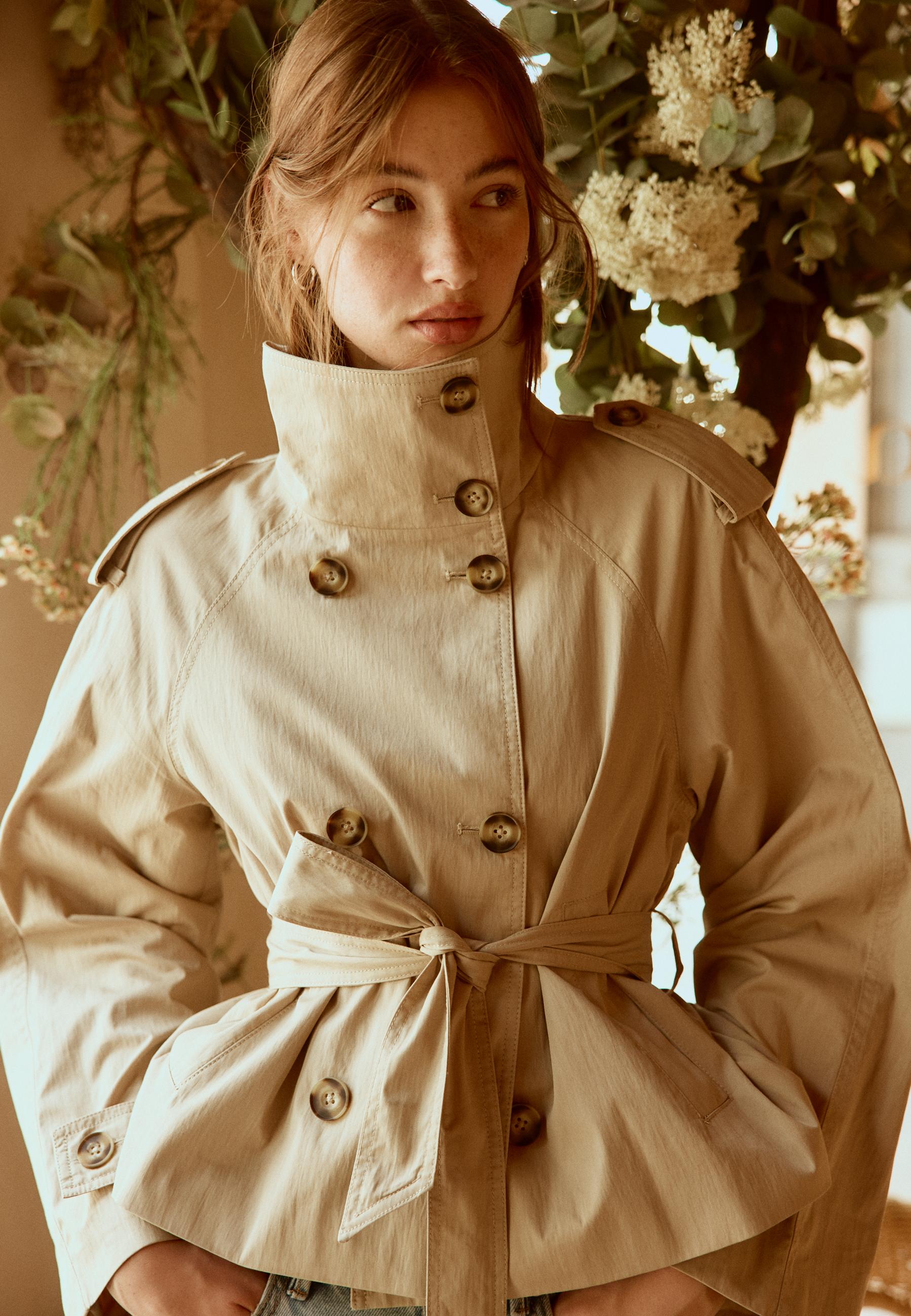 High-neck trench coat with belt — Beige