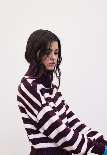 Striped zip-up knit cardigan — Dark purple 6