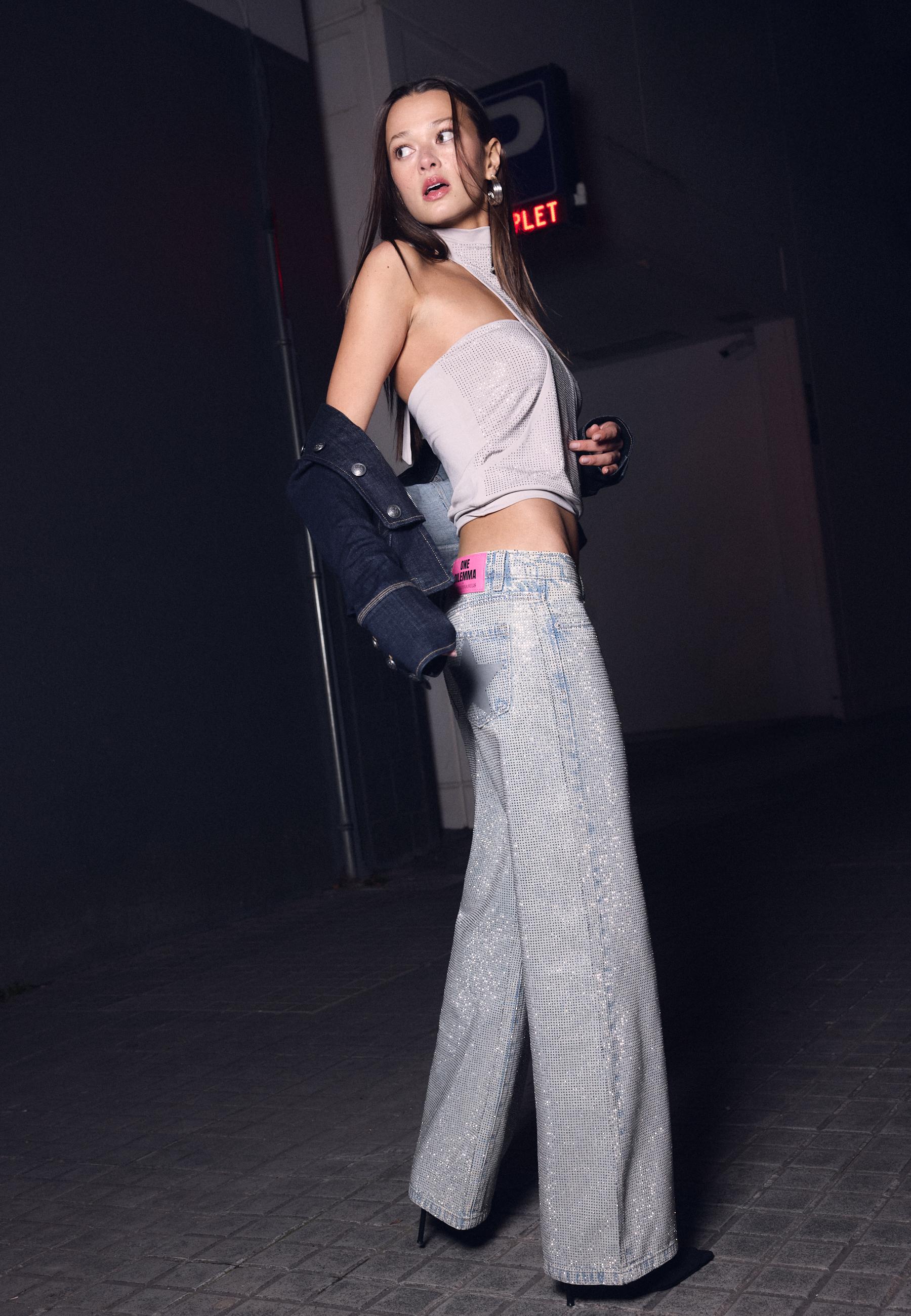 One Dilemma halter top with rhinestones — Mid grey