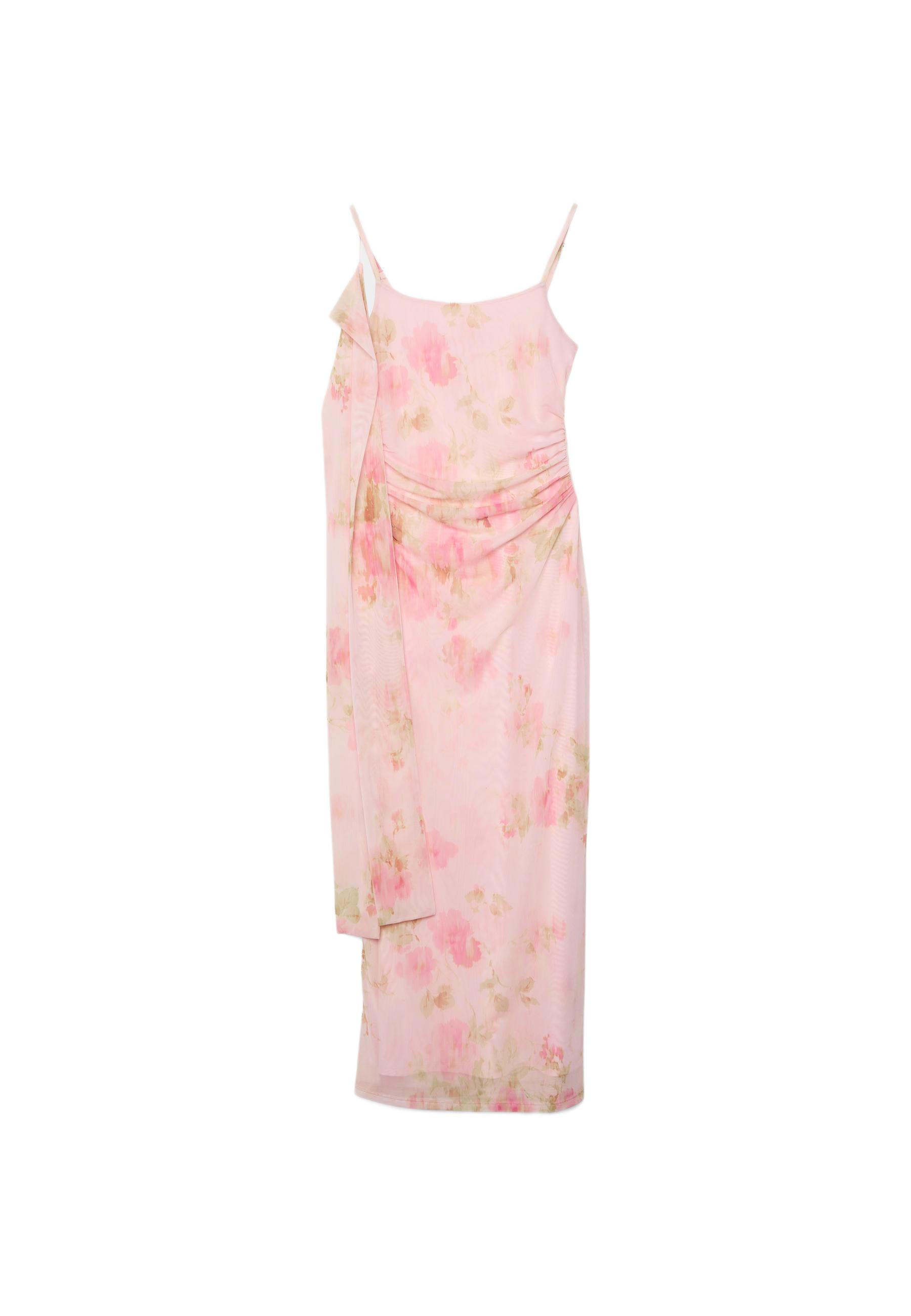 Printed tulle midi dress with scarf — Pastel pink
