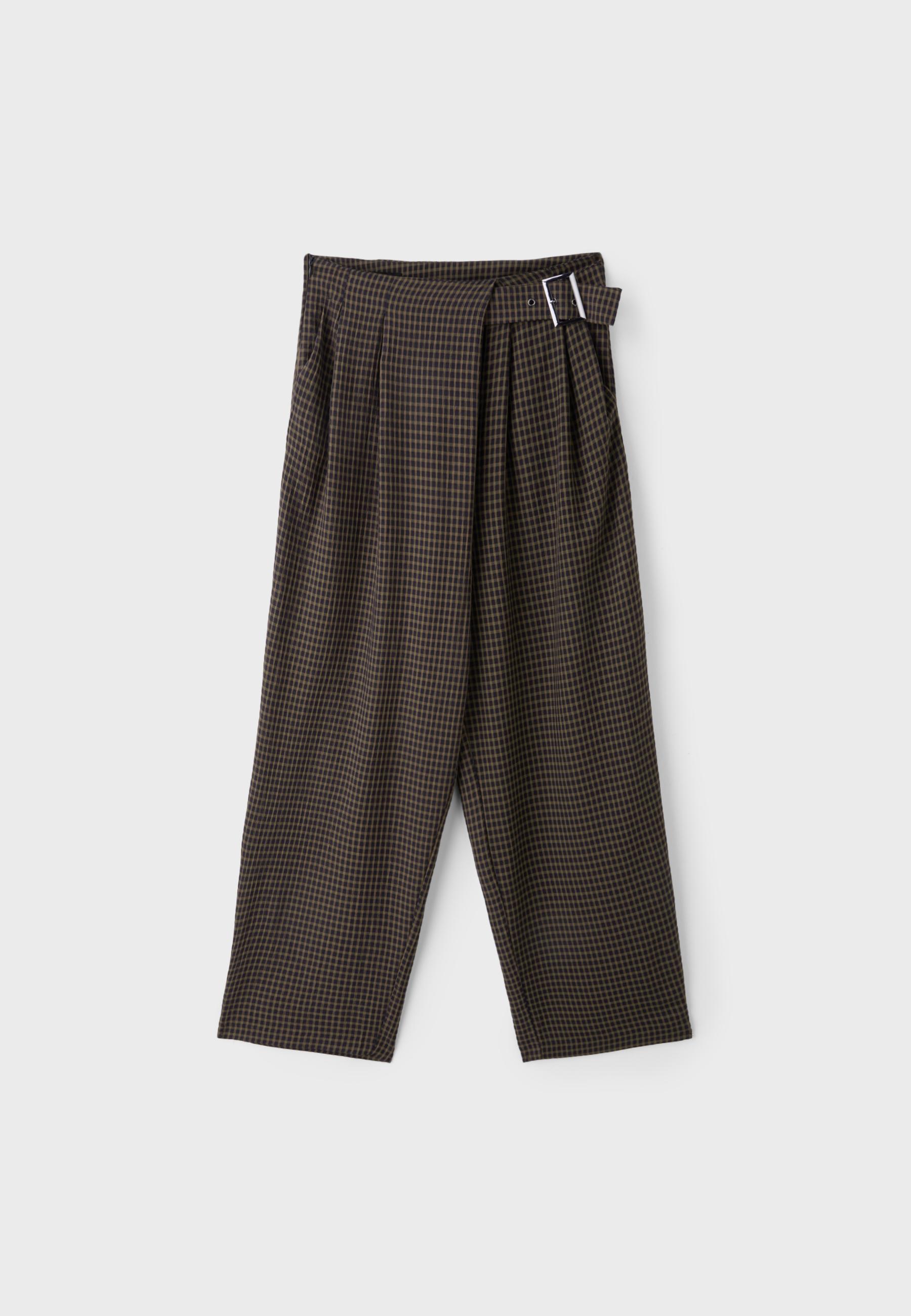 Flowing check trousers with buckle — Khaki