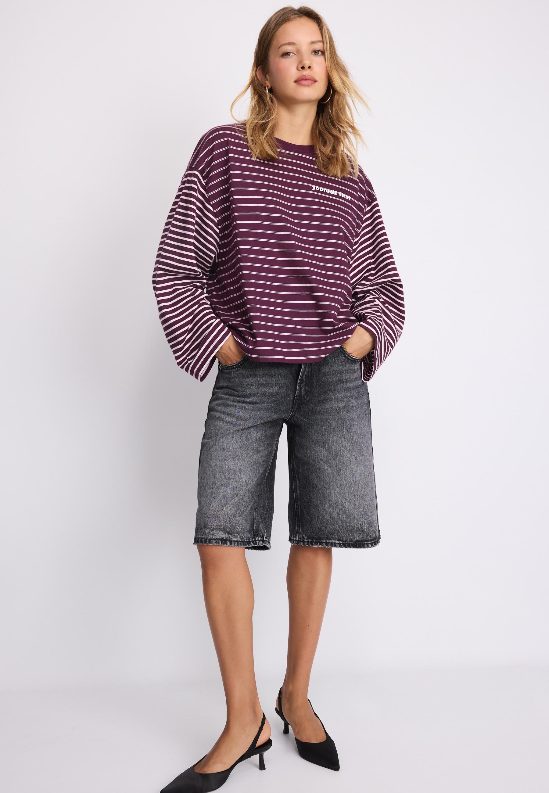 Long sleeve striped slogan T-shirt — Dark purple