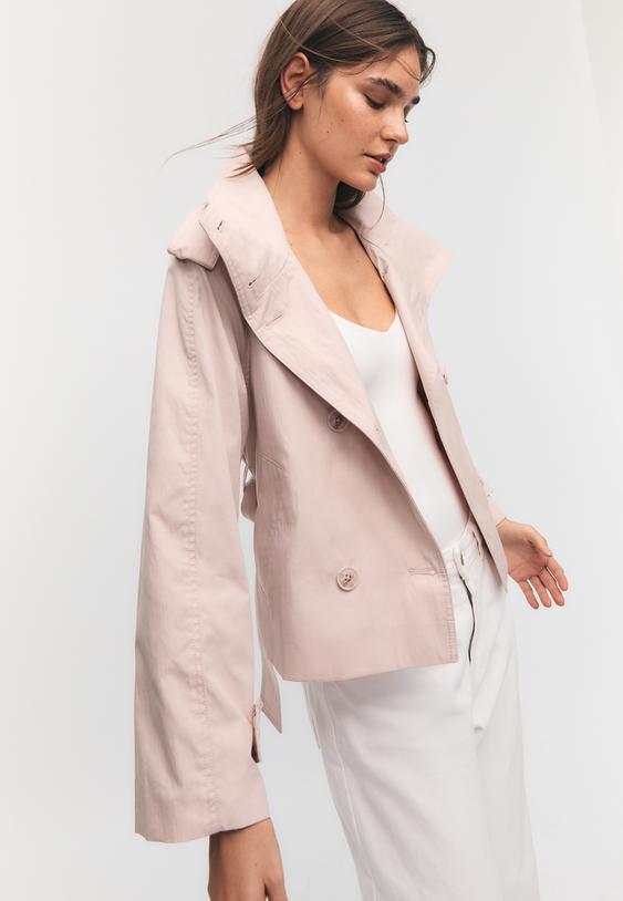 Stradivarius High-Neck Trench Coat With Belt Salmon Pink M