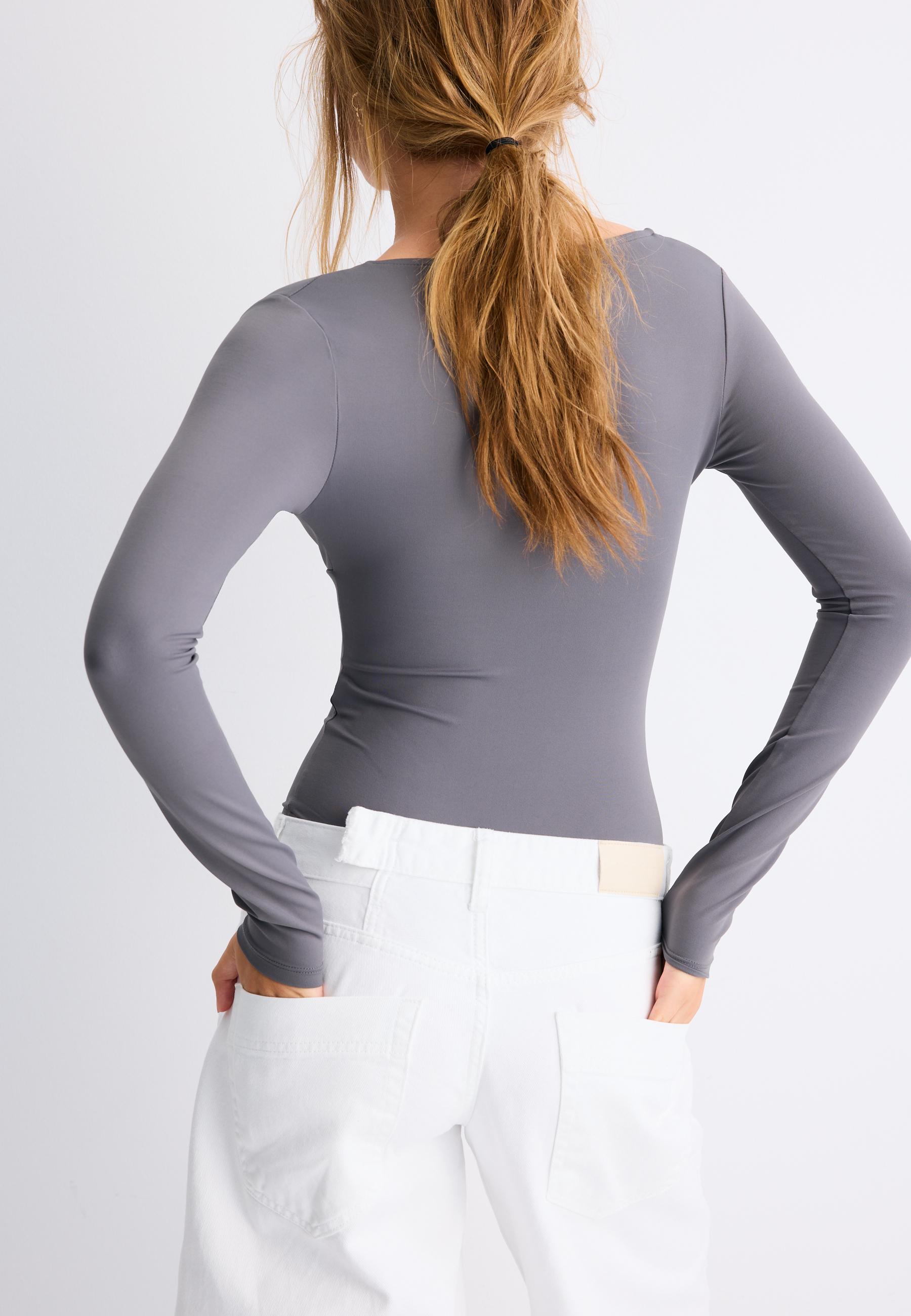 V-neck bodysuit with under-bust gathering — Dark grey