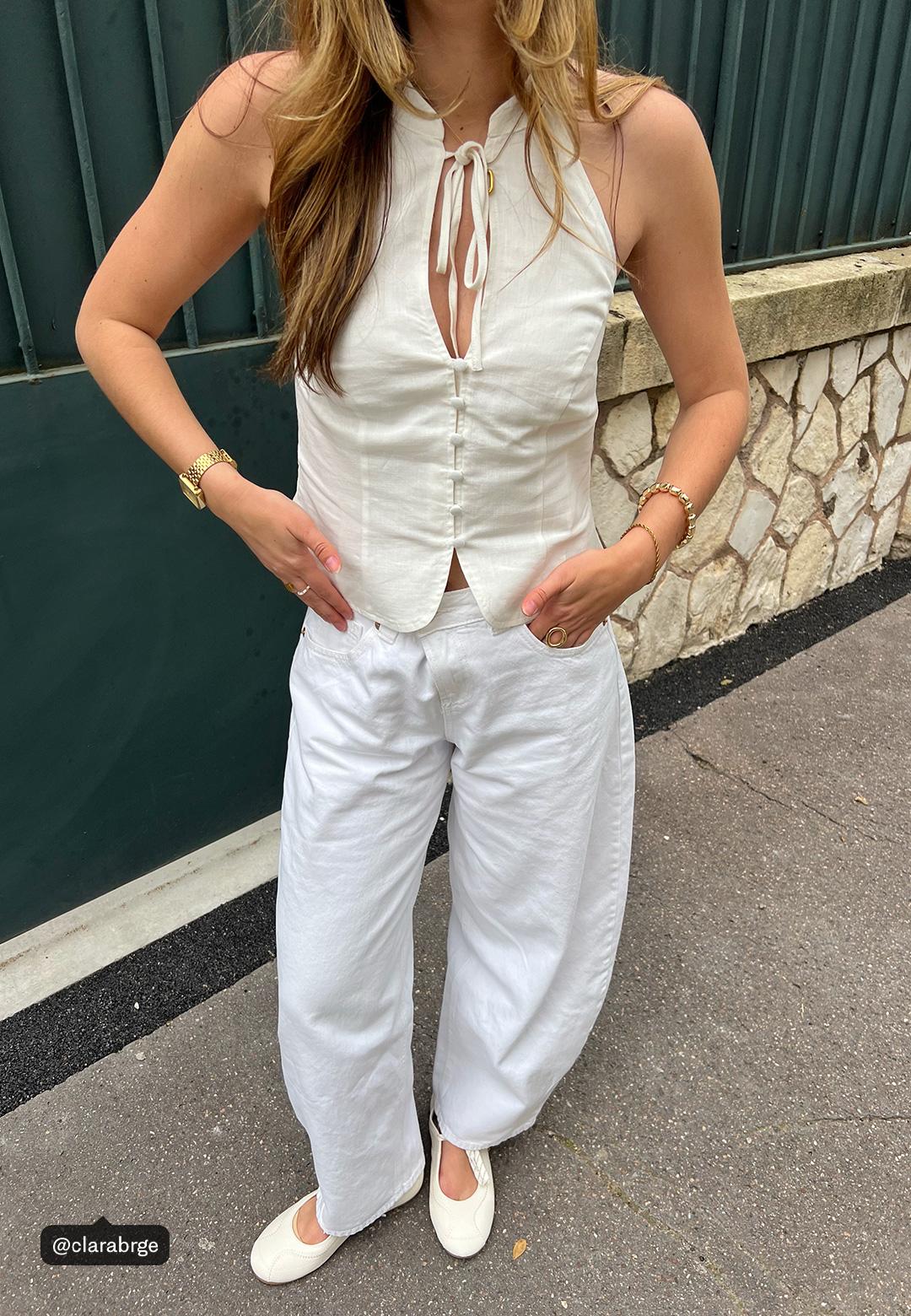 Buttoned halter top — White
