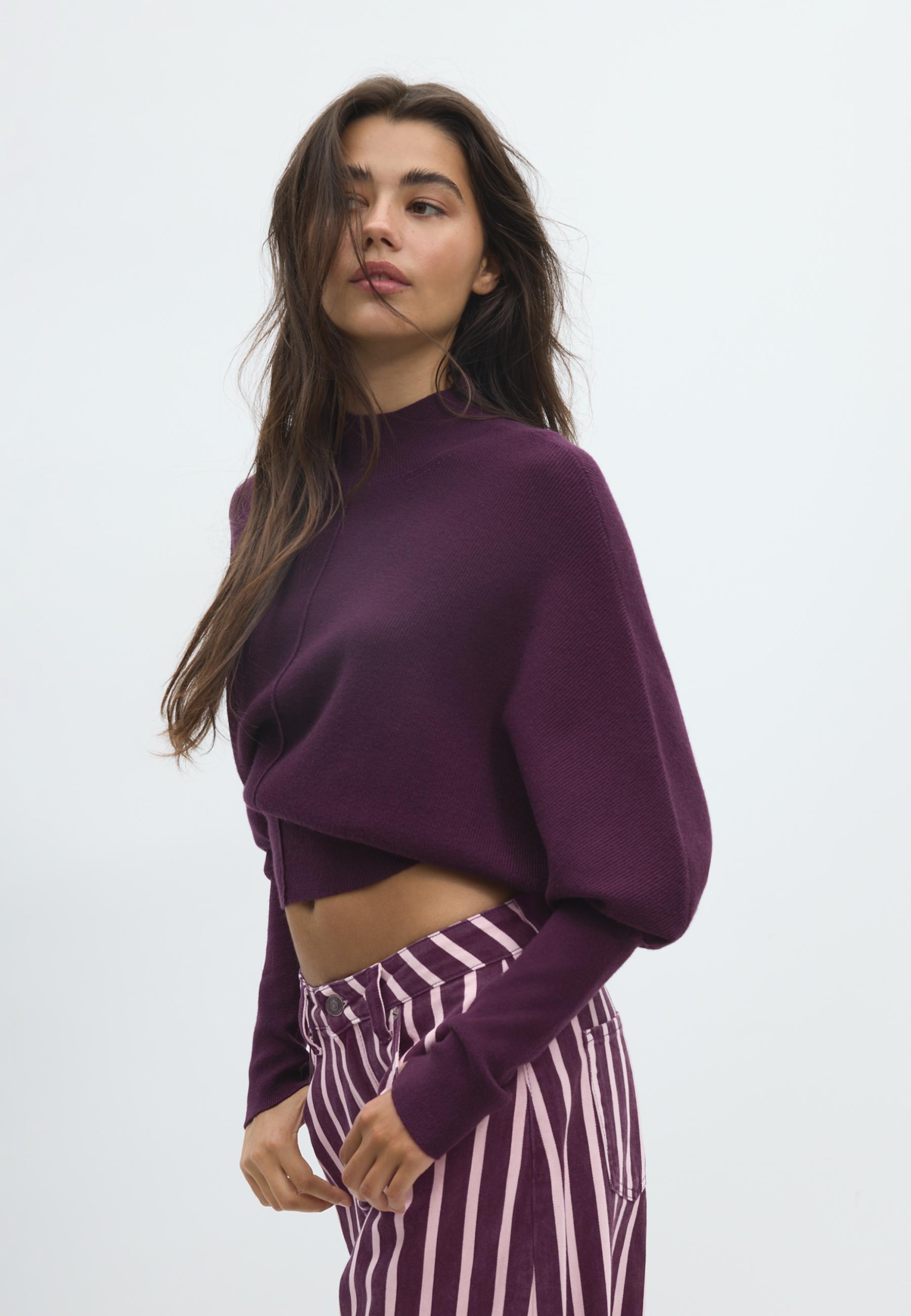 Batwing sleeve mock neck knit sweater — Dark purple