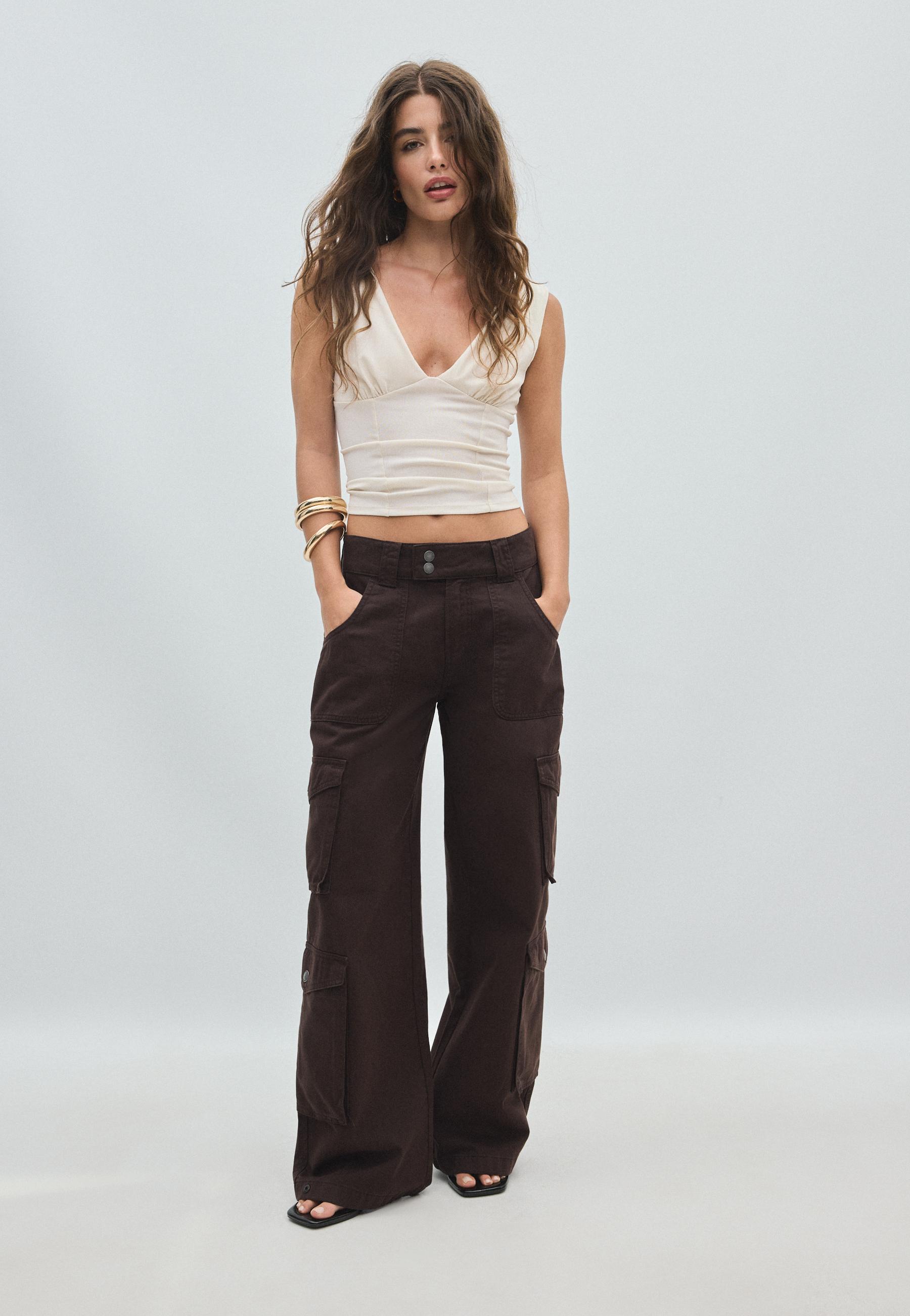 Stradivarius Straight Cargo Παντελόνι Καφέ 38