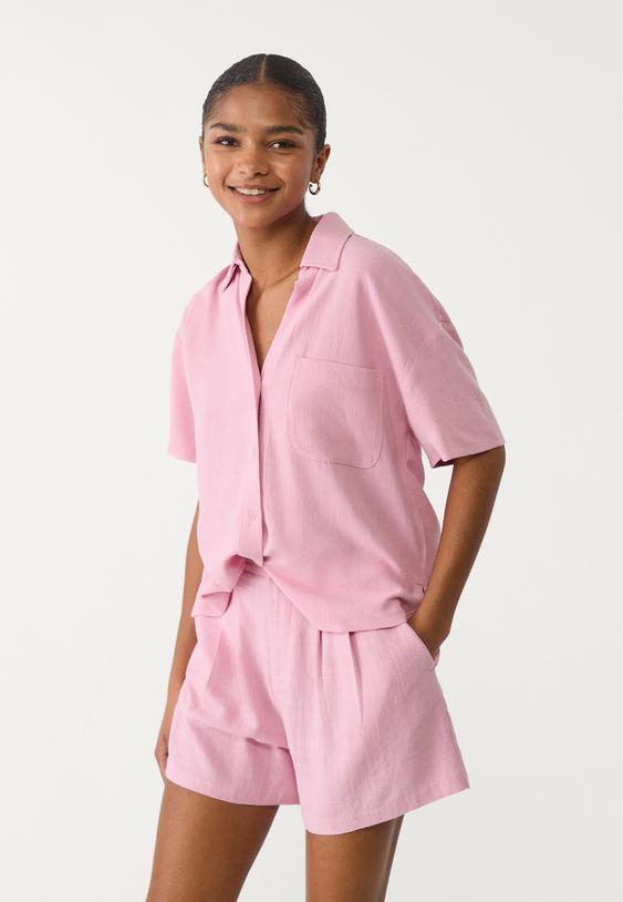 camisa manga corta efecto lino