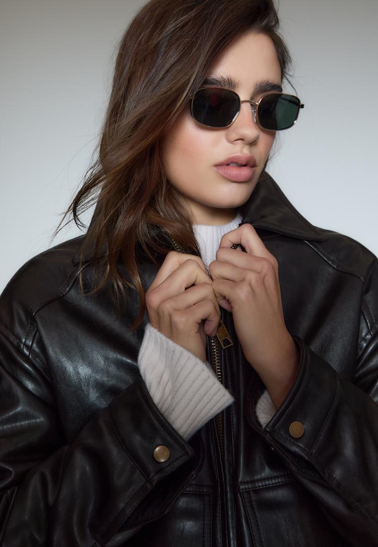 leather effect padded jacket with faux fur details