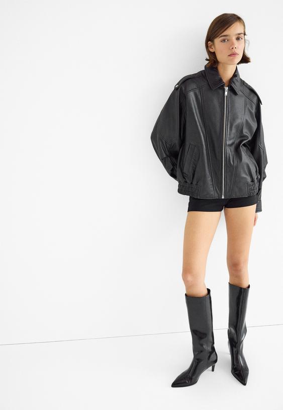 Stradivarius Oversize Leather Jacket Black Xs