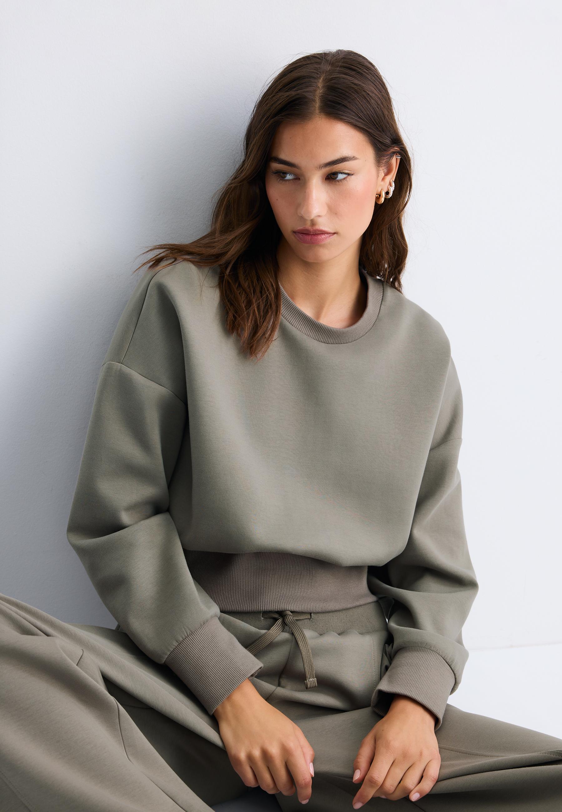 Cropped sweatshirt with wide waistband — Brown