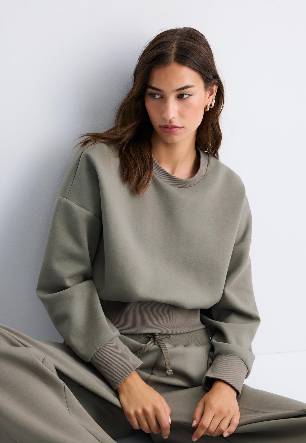Cropped sweatshirt with waistband — Brown