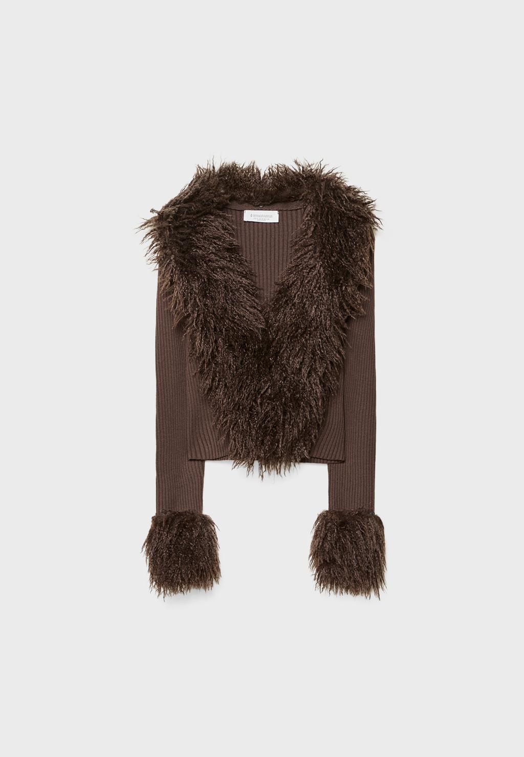 Knit cardigan with detachable faux fur