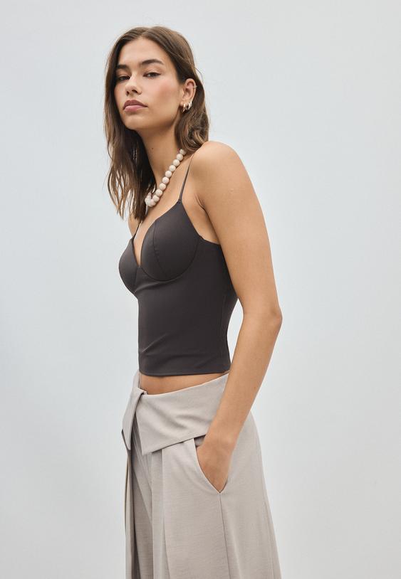 Stradivarius Corsetry-Inspired Top Brown S