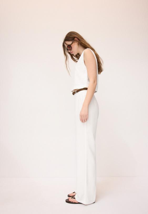 Kemerli, keten görünümlü düz paça pantolon - Görsel 8