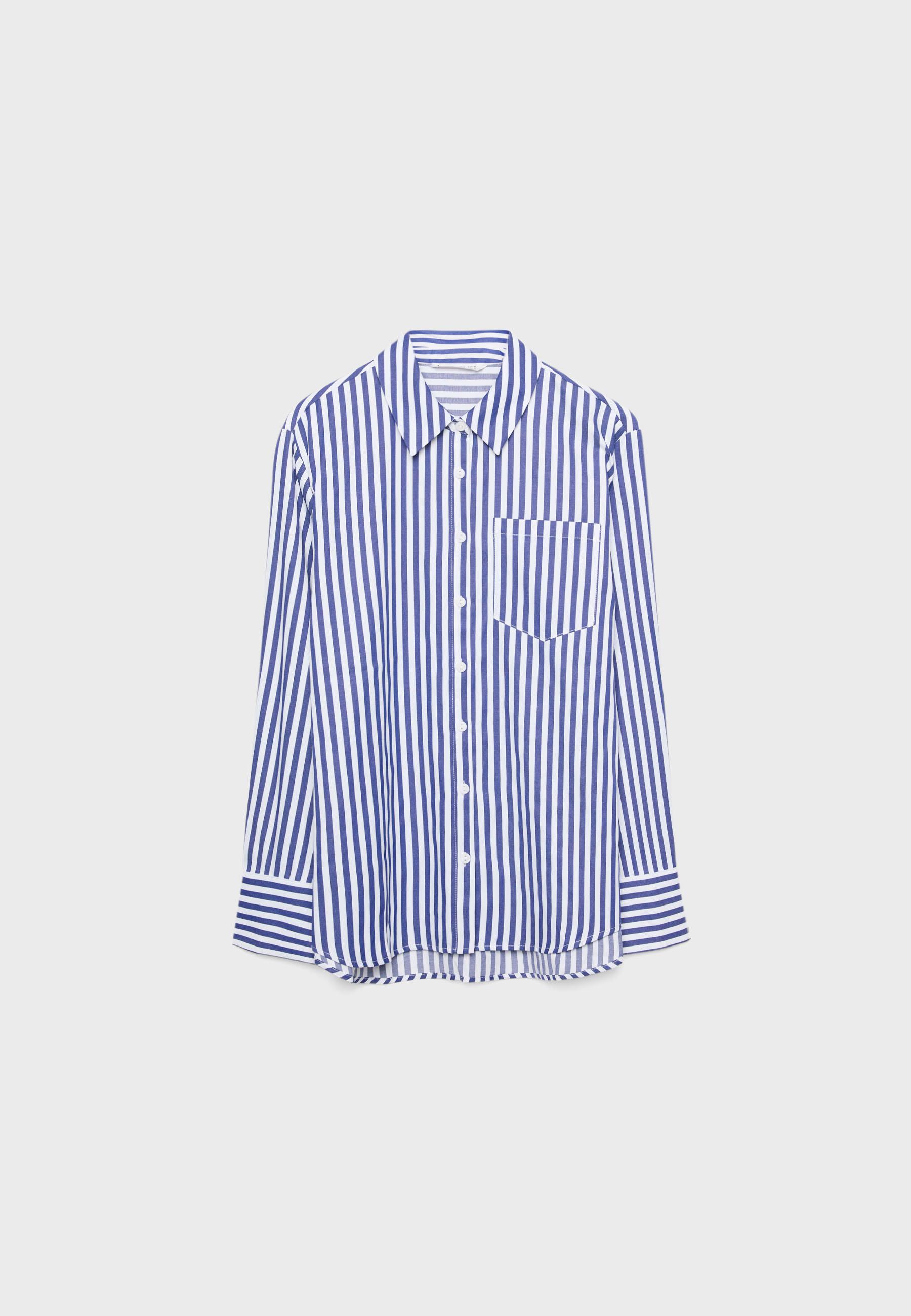 Basic striped poplin shirt with pocket — Navy blue